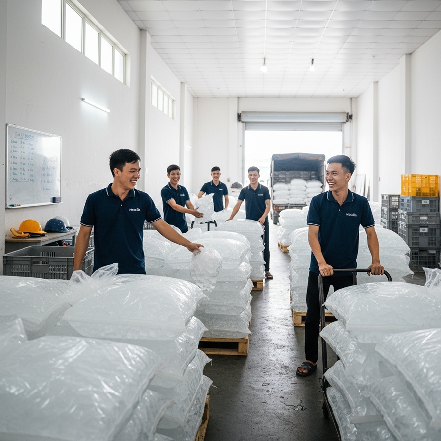 Chọn Đá Bi Hay Đá Viên So Sánh Và Tư Vấn Cho Quán 11 Bao Nước Đá Viên Lam Thủy trong thùng giữ nhiệt tại quầy quán ăn