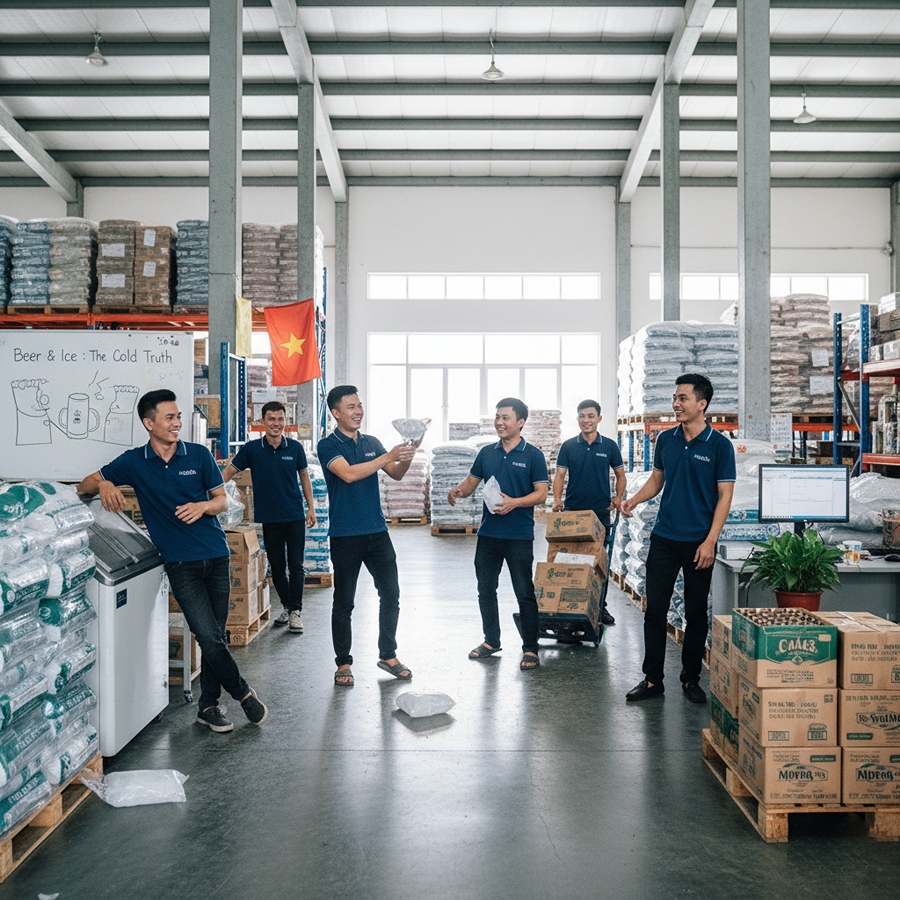 Tầm Quan Trọng Nguồn Nước Sản Xuất Nước Đá Sạch 11 Nhân viên giao hàng Lam Thủy đeo găng tay giao Nước Đá Viên cho quán cà phê tại TPHCM